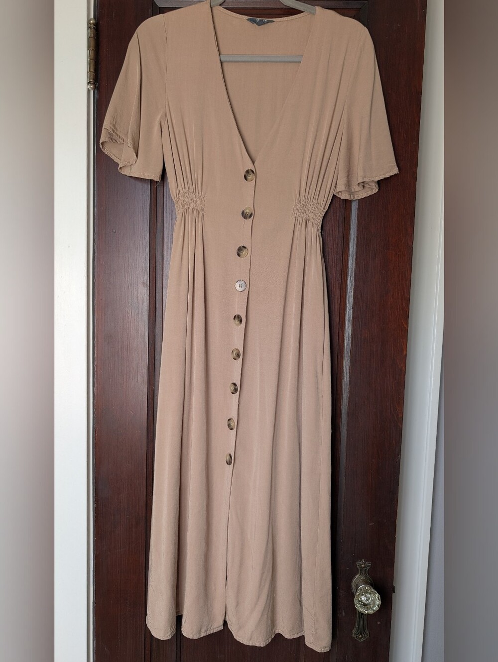 Tan Button Front Midi Dress